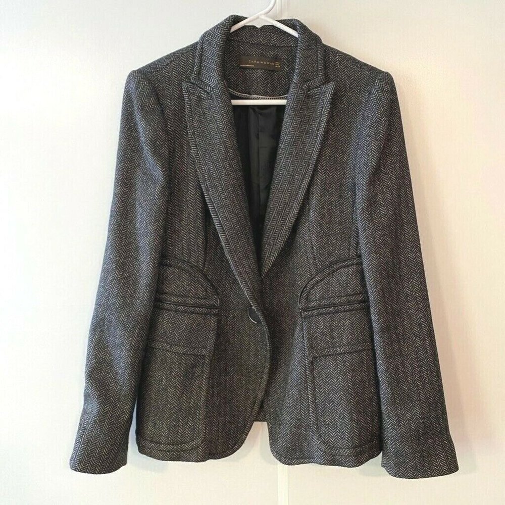 Zara Womens Tweed Jacket Blazer Gray Herringbone L